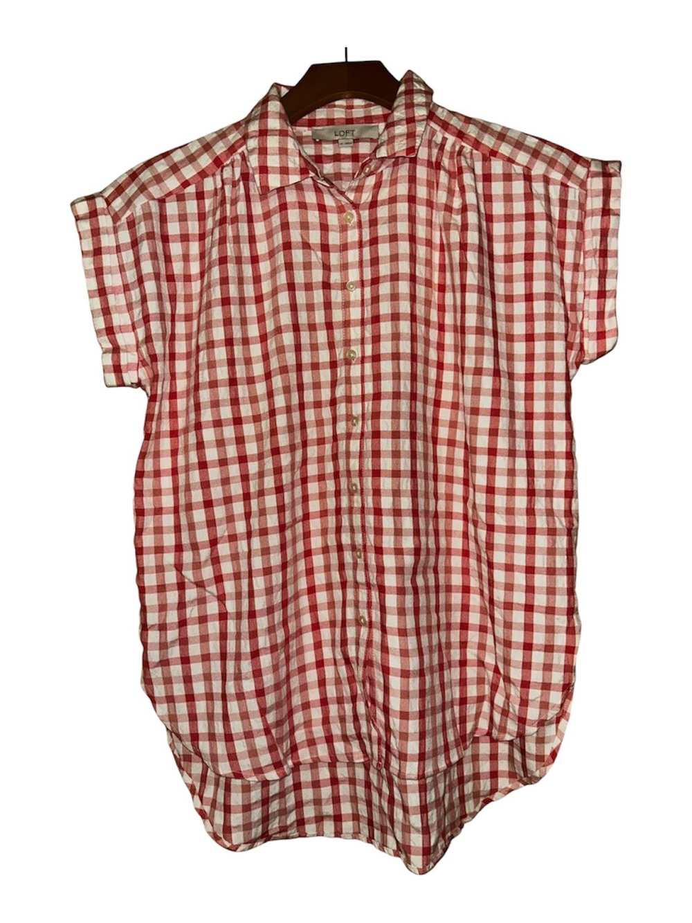 LOFT Red & White Gingham Short Sleeve Button-Down Shirt